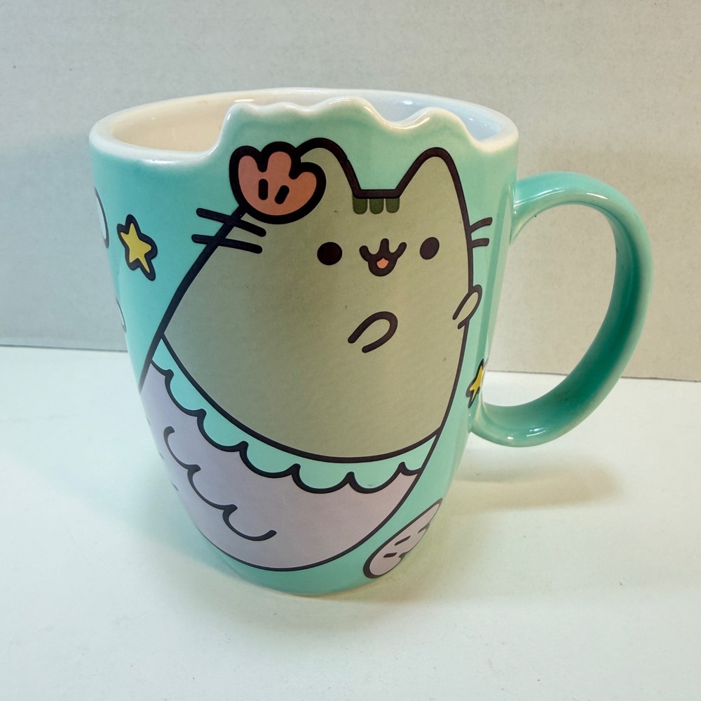 Pusheen Coffee Mug Blue Teal Mermaid Purrmaid Scalloped Rim Coffee Tea Cup 12 oz